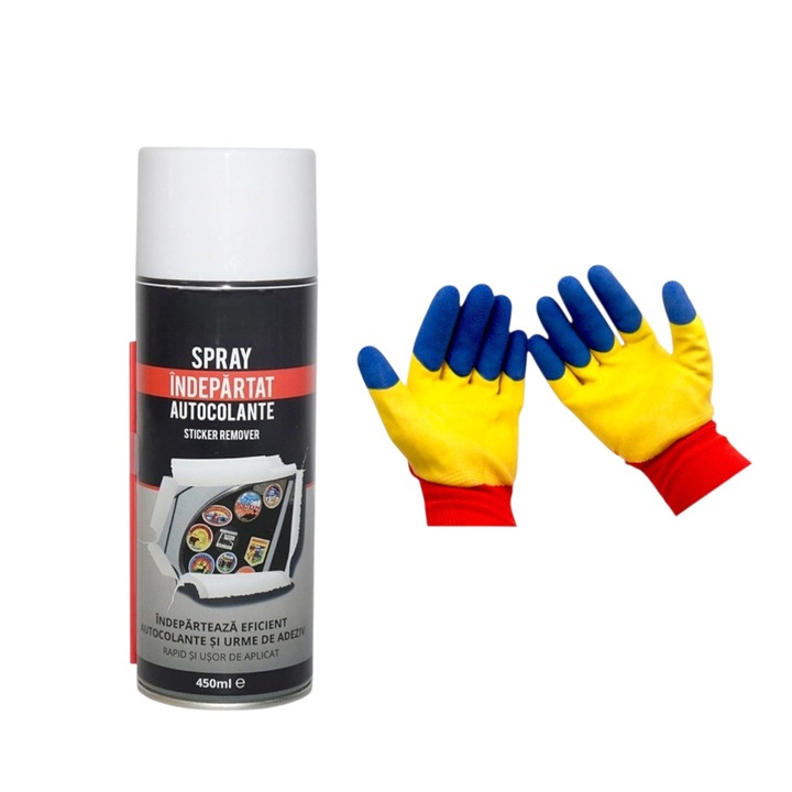 Spray tehnic indepartare/curatare etichete vechi/autocolante adezive, 450 ml cu Set manusi tricolore, protectie
