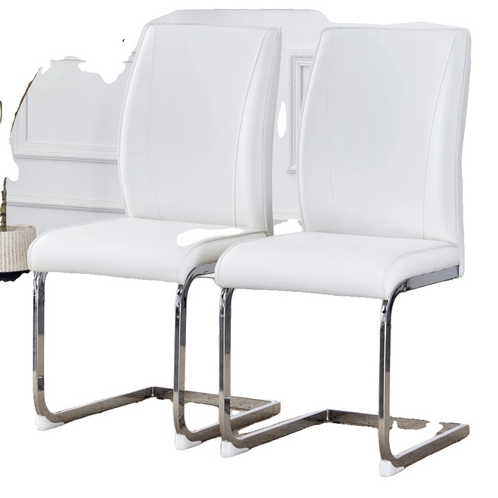Set de scaune de dining, alb cu picioare argintii, design ergonomic, material usor de curatat, 2 bucati