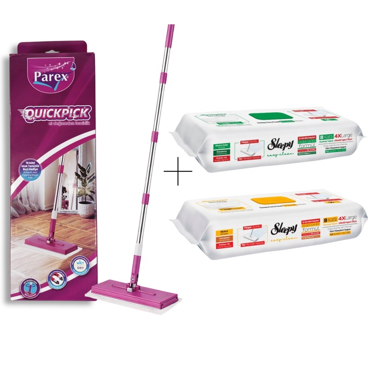 Set Lavete Sleepy Easy Clean 100 buc (White Soap + Herbal) + Mop Parex QuickPick, 4XL, Fara Galeata, Fara Clatire, Cap Rotativ 360°, Sistem Prindere Rapida cu Buton, Parchet, Gresie, Pardoseli Dure