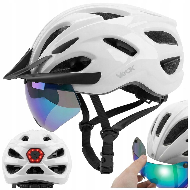 Casca protectie bicicleta Vayox Speed L VA0425WGL + viziera detasabila fade, Circumferinta 58-61 cm, Cu lumina spate USB-C LED, Cu 15 canale de ventilatie, Alb Lucios