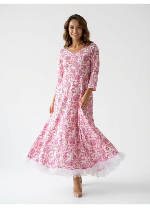 Rochie lunga cu tulle, bumbac imprimat manual, roz, marime L