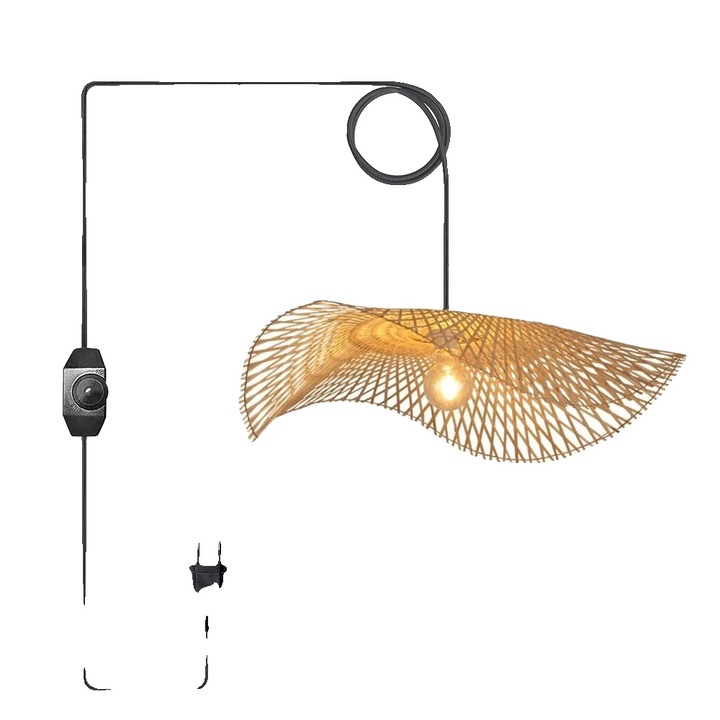 Лампа от бамбук и дърво, ръчно изтъкан дизайн, димируема, 45 см, без крушка