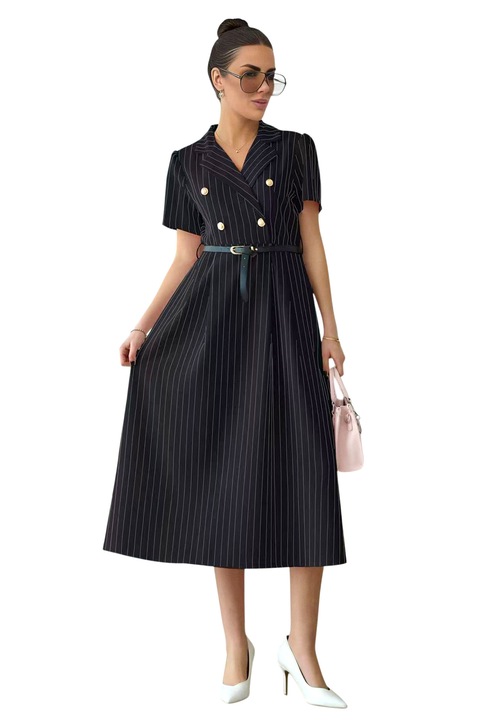 Rochie office cu dungi, Mireya, revere si curea, Negru, Marime universala S/M, FashionForYou