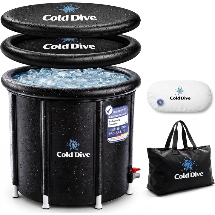 Cada gheata pliabila Cold Dive, 300L, pentru recuperare, 80 x 80 x 75 cm, material Oxford + PVC + izolatie termica, portabila, pentru interior si exterior, culoare Negru