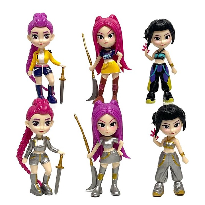 Set figura Funko POP! Demon Hunters, Rumi, Mira, Zoey, 6 figura, 10-10.5 cm, narancssárga és kék jelmez témák, ezüst