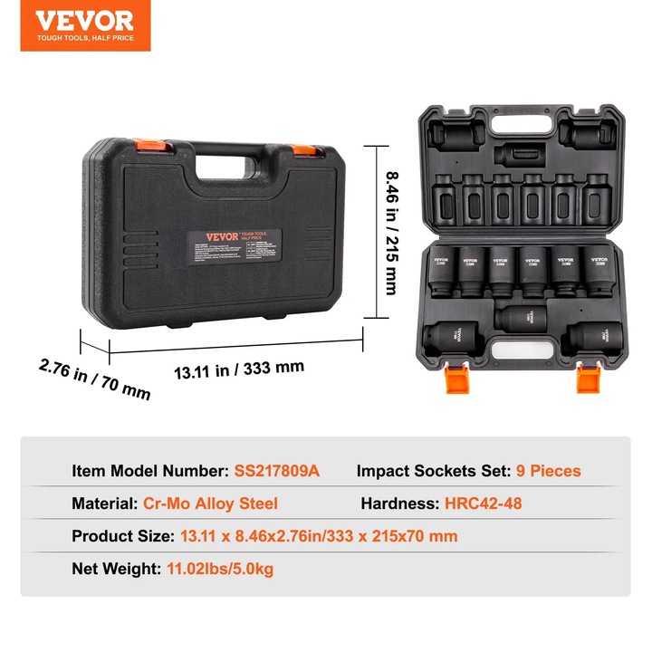 Set chei tubulare de impact VEVOR cu actionare de 1/2", set de 9 chei tubulare adanci, metrice 29-38 mm, otel aliat Cr-Mo cu 6 varfuri pentru reparatii auto, marcaje de dimensiuni usor de citit, constructie robusta, include cutie de depozitare