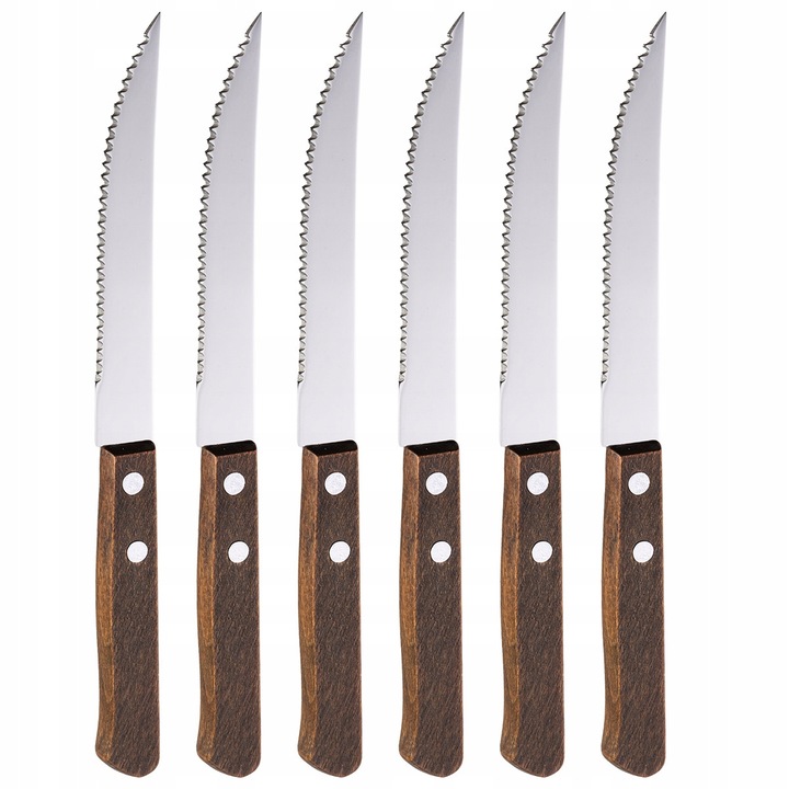 Комплект ножове за стек Kamille KM5271, 6 броя, инокс, ергономични, назъбено острие
