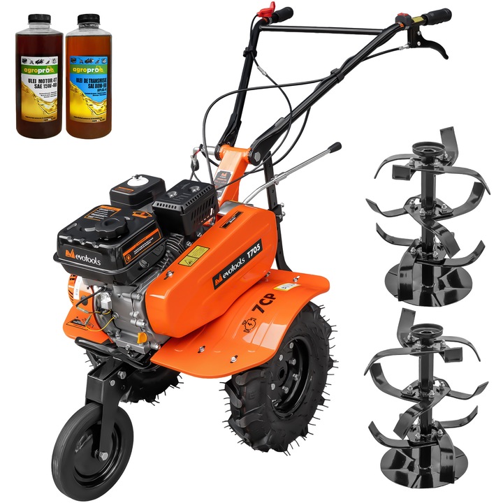 Motosapa Evotools T705, motor 7 CP, 2+1 viteze, latime lucru 56-84 cm, freze, roti cauciuc 4.00-8, roata frontala, 2l ulei