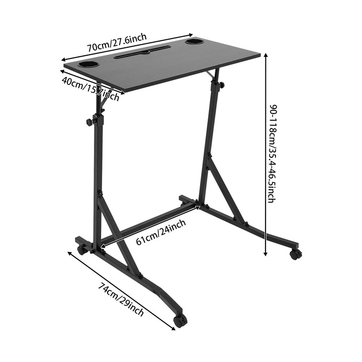 Birou mobil reglabil, suport pentru cana, negru, 70x40 cm