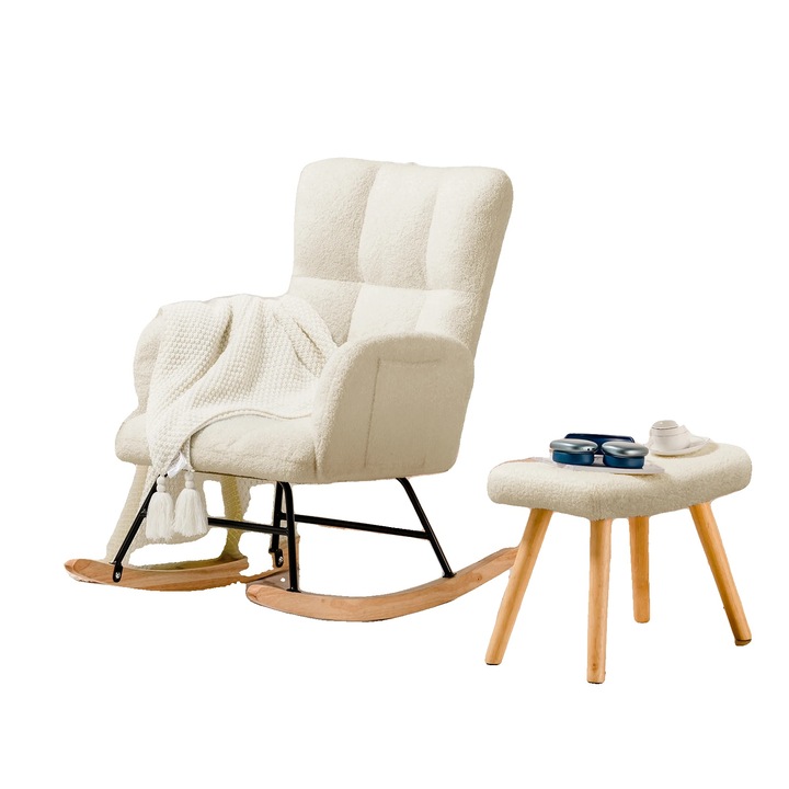 Fotoliu rocking, design ergonomic, material teddy, bej, 50x48x124cm