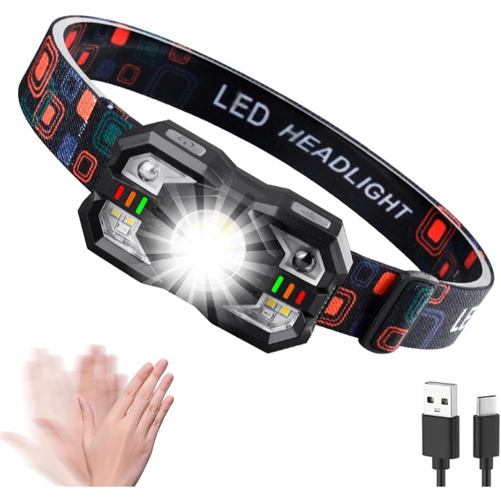 Lanterna frontala Leccik® reincarcabila, 1200 Lumeni, senzor de miscare, 10 moduri de iluminare, LED super luminos, rezistenta la apa, ideala pentru drumetii