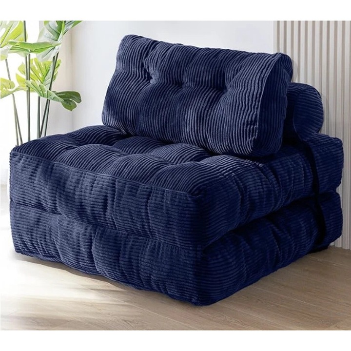 Összecsukható padlófotel, Futon lounge szék, Háttámlával, Gombokkal steppelt, 1 személyes, Tengerészkék