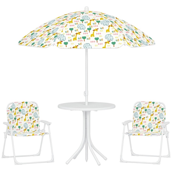 Fehér kerti bútorkészlet, gyerekasztal és székek, állítható napernyő, összecsukható kivitel, 2 személyes, 9.5x50cm, 36.5x38.5x50cm, 100x86-122cm