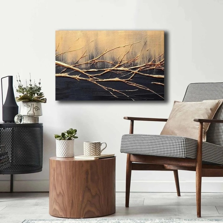 Tablou decorativ Re-Bloom, lemn/panza, negru/auriu, 45 x 70 cm