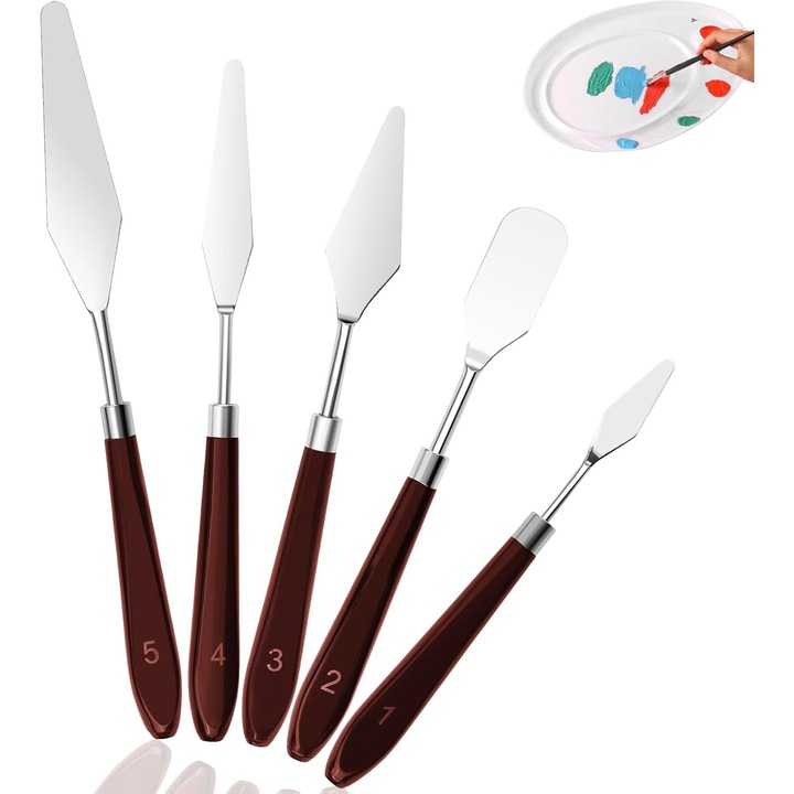 Set 5 spatule pentru pictura, Otel inoxidabil, Maner din lemn, Potrivit pentru pictura in ulei, pe panza si acril, Argintiu/Maro