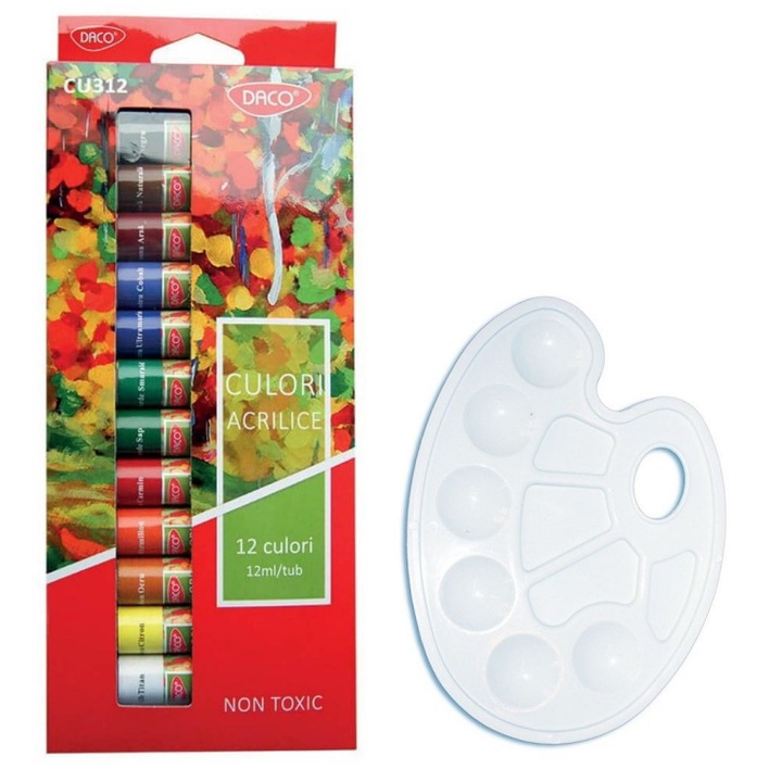 Set 12 culori acrilice, 12 ml, Daco cu paleta pentru pictura