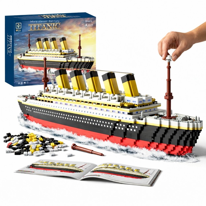 Set de Constructie Titanic, 2000+ Piese, Model Realist 58 cm, Nava Istorica de Colectie, Din ABS de Inalta Calitate, Design Detaliat, Decor Elegant, Durabil, Cadou Premium pentru Adulti si Copi, STEM, MONTESSORI