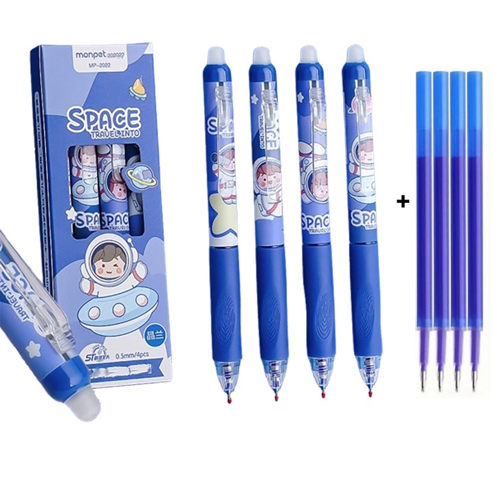 Set 4 Pixuri Retractabile Astronaut cu Stergere, Varf 0, 5 mm, Albastru, 15cm