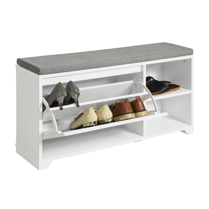 Cipőtároló pad, tárolófedél, kényelmes párna, fehér, 90x46x24cm