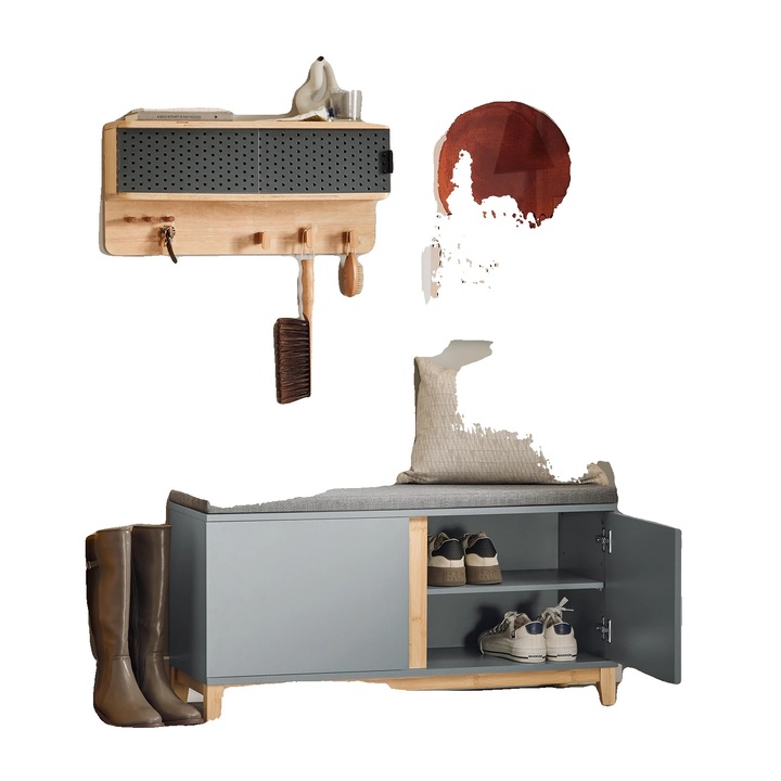 Banca pentru pantofi, gri deschis, 90x46x34cm, 2 rafturi, capacitate 150kg