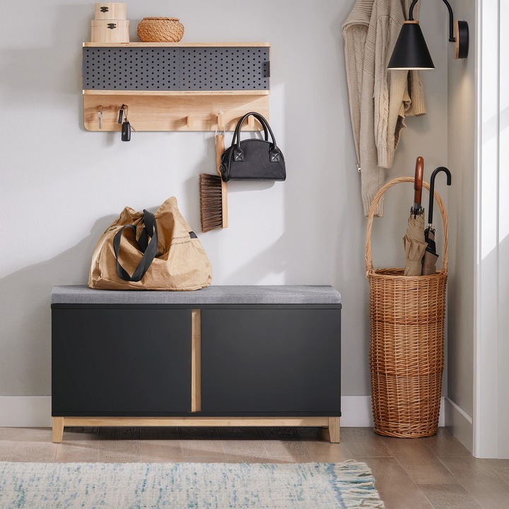 Cipőtároló pad, állítható, tartós tárolási megoldás, fekete, 90x47x34cm