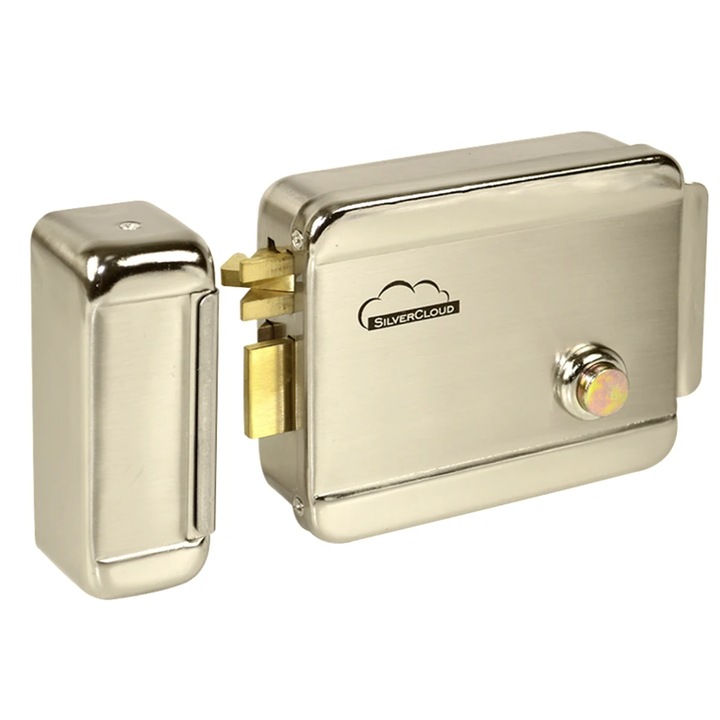 Електромагнитна брава SilverCloud, дясно отваряне, повърхностен монтаж, сатениран никел, 12V, 3 ключа