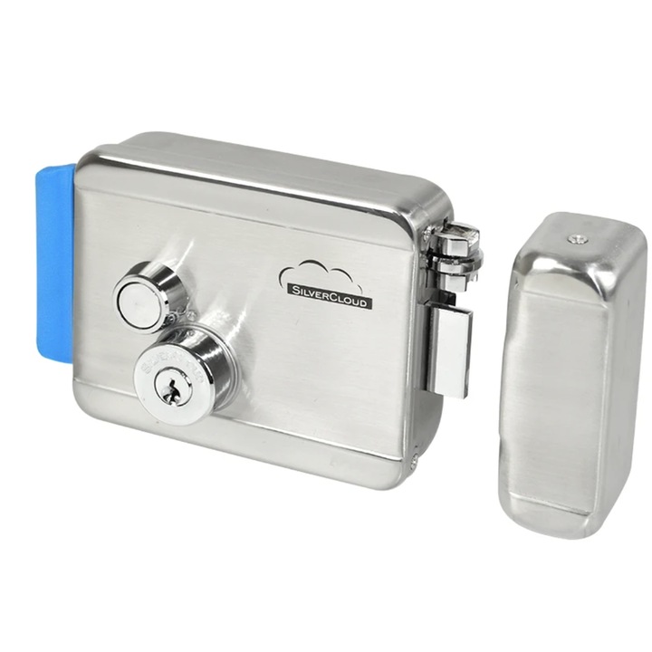 Електромагнитна брава SilverCloud, двоен патрон, приложен, месинг и сатиниран никел, 12V, размери 12.5x9.8x3.9cm