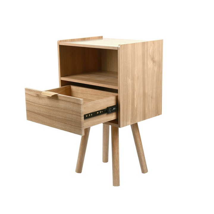 Noptiera, Masuta de pat, 1 Sertar, 1 Compartiment Deschis, Cadru Din Lemn, Modern Minimalist, Asamblare Necesara, Fara Roti, Visiniu
