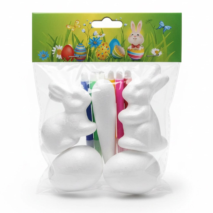 Set de colorat pentru copii, figurine de Paste din polistiren cu carioci incluse, activități creative, tematica Paste