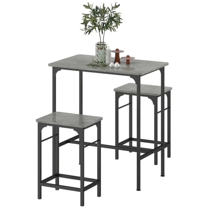 Set masa bar cu 2 scaune, dimensiuni masa 80x50x87cm, dimensiuni scaune 40x30x57cm, metal, gri/negru