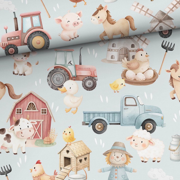 Material textil, Bumbac imprimat Jolly Farm albastru, bumbac 100%