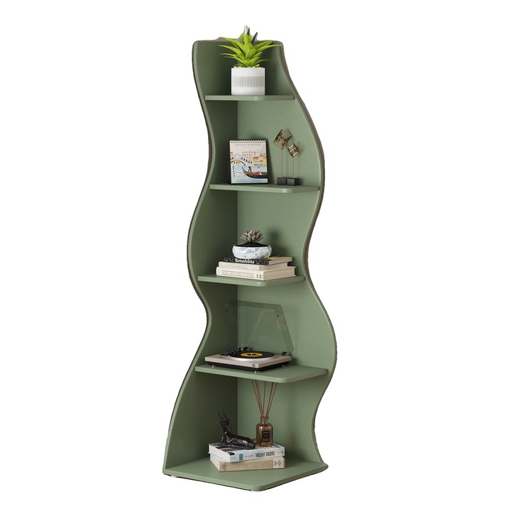 Biblioteca de colt, design ondulat, 5 niveluri, verde