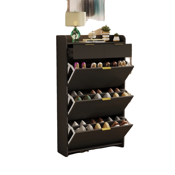 Cipősszekrény, 3 fiókos, modern minimalista stílusú, fekete, 89x76x30cm