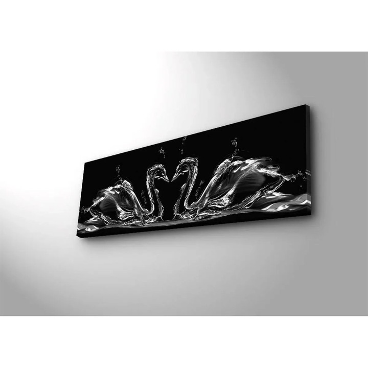Tablou decorativ Re-Bloom, LED, model lebede, lemn/panza, negru, 30 x 90 cm