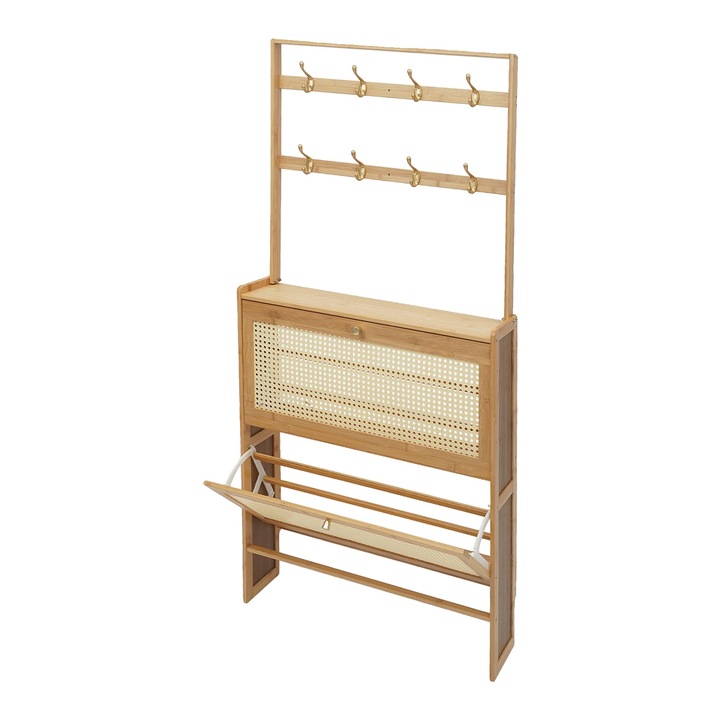 Cipősszekrény, 2 szintes, 8 kampós, fa színű, 70x17x152cm