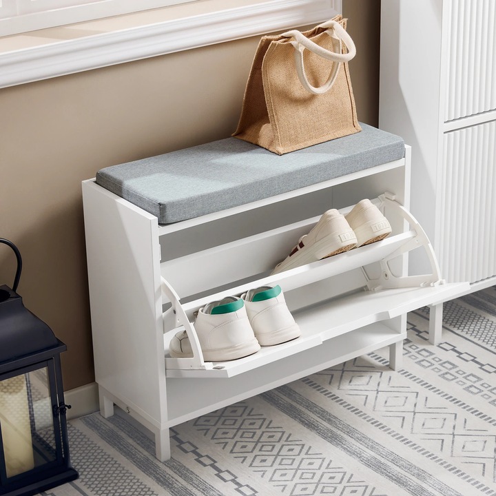 Cipősszekrény, fehér, kompakt design, ülőfelülettel, 60x52x24cm