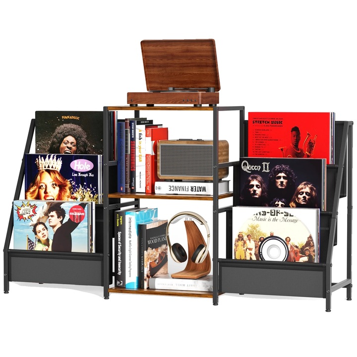 Raft pentru stocare discuri, 3 niveluri, suport pentru vinyl, negru, 123x30x73cm