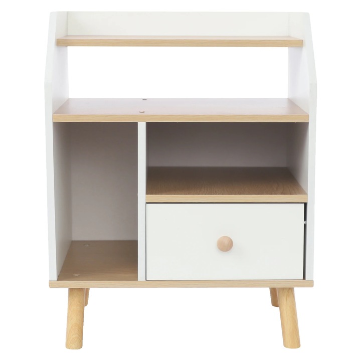 Noptiere, design modern, alb, 1 sertar, 2 rafturi deschise