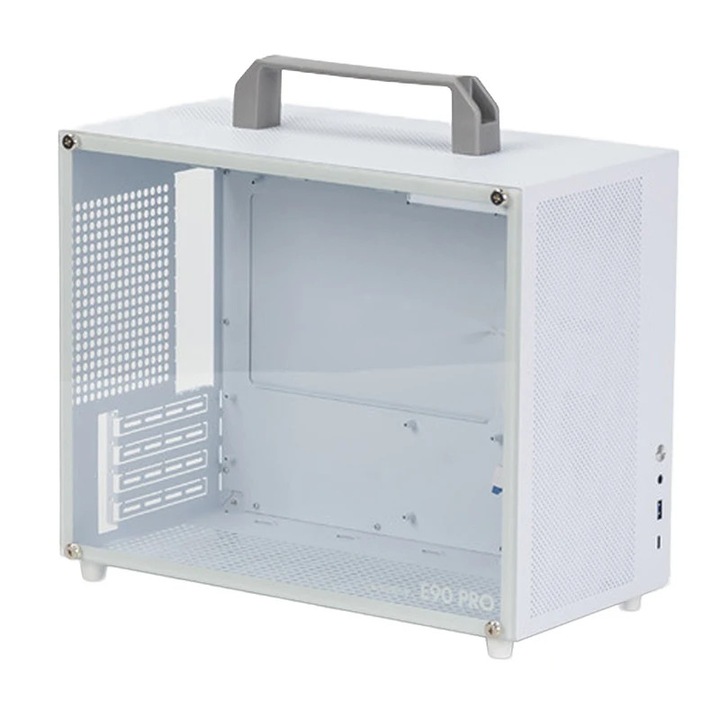 Carcasa gaming PC, E90PRO ATX, Flux de aer ridicat, Suport RTX 4090, AIO 240 mm, Pana la 6 ventilatoare, Aliaj de aluminiu, 45×38×26 cm, Alb