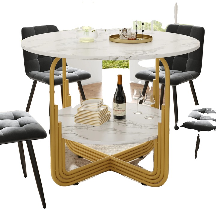 Маса за хранене, модерен дизайн мрамор, здрава метална рамка, 80x80x76cm