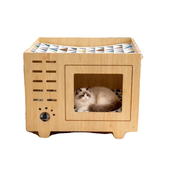 Къщичка за котки, MDF и лен, 55x40x44см, подов монтаж, модерен дизайн, правоъгълна форма