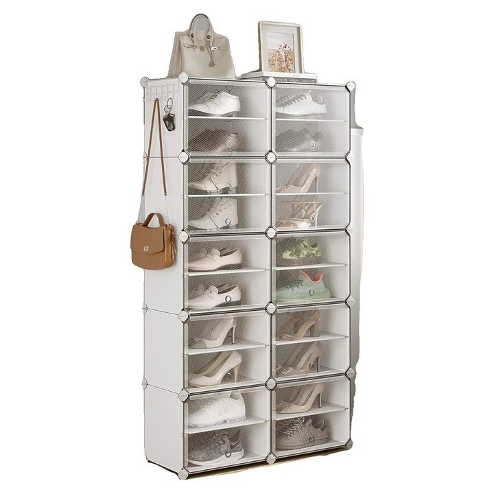Dulap pantofi, design modular, alb, 32x83x156cm, 5 compartimente