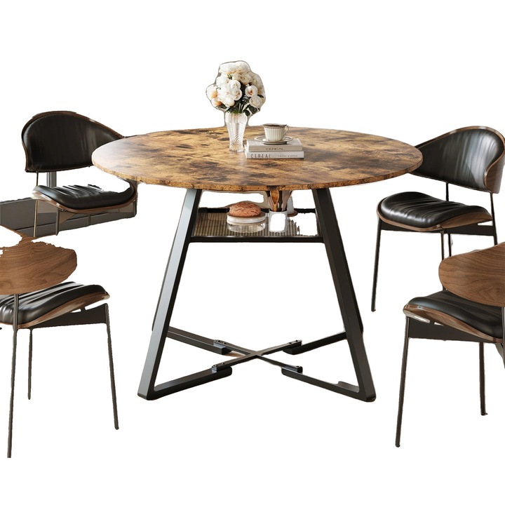 Masa de dining rotunda, compartiment de depozitare integrat, 120cm, maro, pentru 4-6 persoane