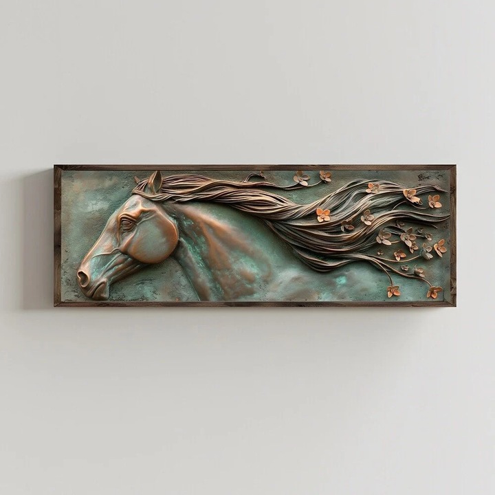 Tablou decorativ Re-Bloom, model cal, lemn masiv/MDF, maro/albastru, 40 x 120 x 3, 5 cm