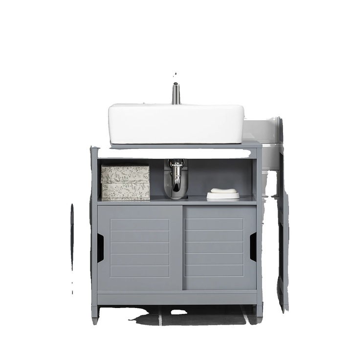 Dulap de baie, design practic, doua usi glisante, gri deschis, 30x60x60cm