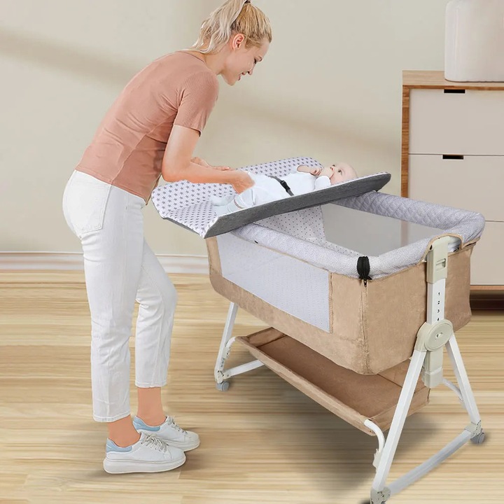 Patut bebelus atasabil, Patut co-sleeping, Cu masa de infasat, Reglaj pe inaltime, Inclinare, Compatibil cu majoritatea paturilor, 0–12 luni, Bej