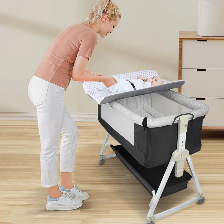 Patut co-sleeping pentru bebelusi, patut atasabil la pat, cu masa de infasat, reglaj pe inaltime, spatar inclinat, compatibil cu diverse paturi, 0–12 luni, Negru