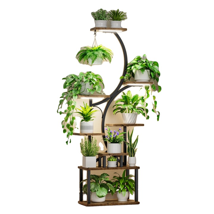 Suport pentru plante, design multifunctional, lumini de crestere integrate, maro, 157cm