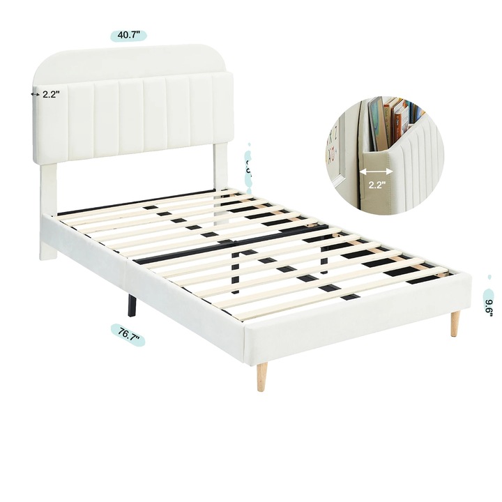 Cadru pat twin, tapitat cu catifea, cu tablie de depozitare, alb, dimensiuni standard