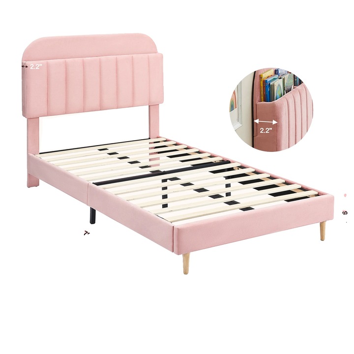 Cadru pat twin, tapitat cu catifea, cu tablie de depozitare, 90x200cm